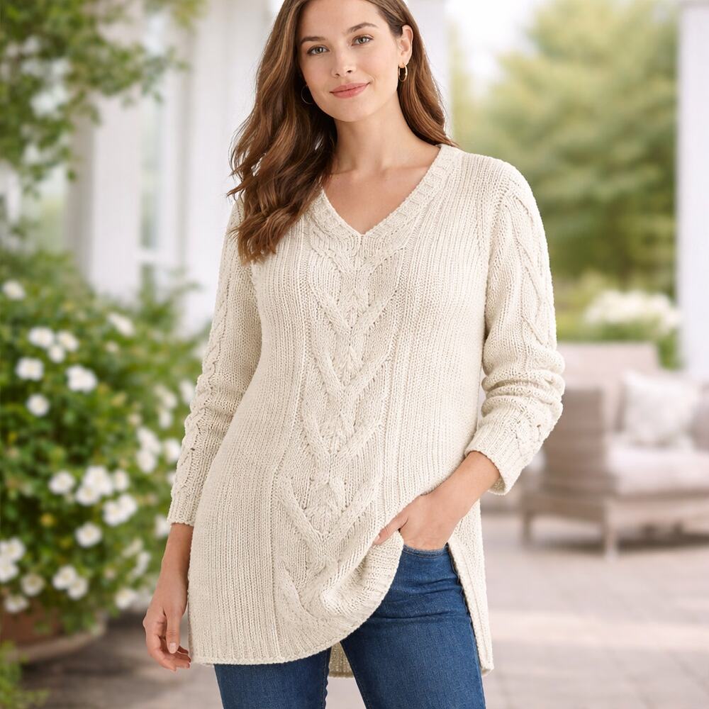 J. Jill SZ L Wool Alpaca Blend V Neck Cable Knit Tunic Length Fisherman Sweater